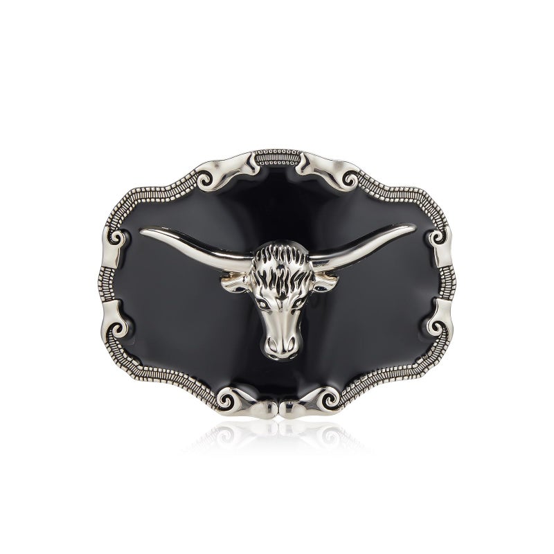 YOQUCOL Mens Long Horn Bull Head Western Cowboy Texas Silver Belt Buckle - Image 1